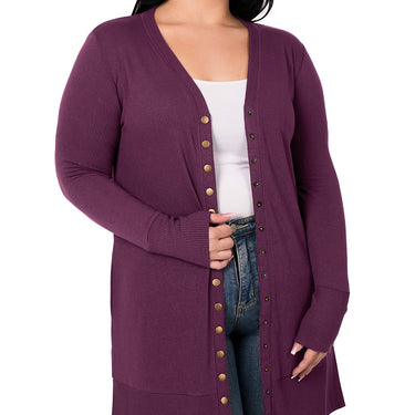 THIGH-LENGTH SNAP BUTTON CARDIGAN W/ RIBBED DETAIL