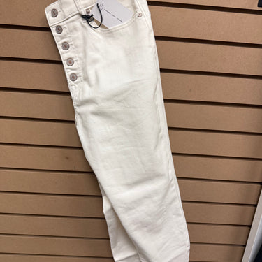 BUTTON FLY RAW HEM SKINNY WHITE DENIM PANTS