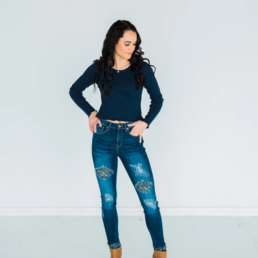 Mid-Rise Camo Leopard Patch Distressed Dark Wash Skinny Jeans