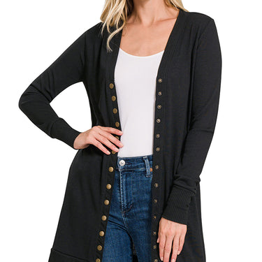 THIGH-LENGTH SNAP BUTTON CARDIGAN W/ RIBBED DETAIL